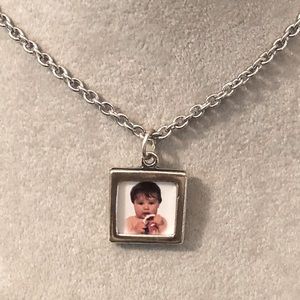 Sterling Silver Square Picture Pendant & Stainless Steel Necklace 18”